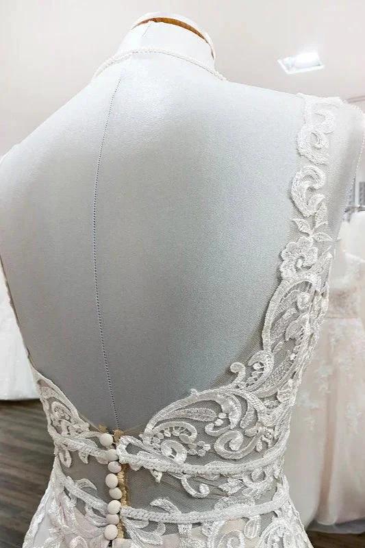 Long Mermaid Tulle Sleeveless Lace Backless Wedding Dress by BIZTUNNEL