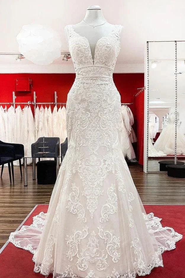Long Mermaid Tulle Sleeveless Lace Backless Wedding Dress by BIZTUNNEL