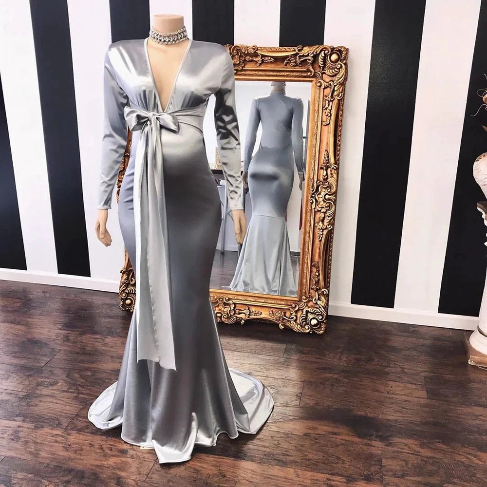 Long Mermaid V-neck Adjustable Pregnant Formal Dresses with Sleeves by BIZTUNNEL