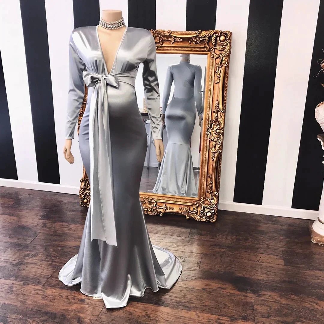 Long Mermaid V-neck Adjustable Pregnant Formal Dresses with Sleeves by BIZTUNNEL