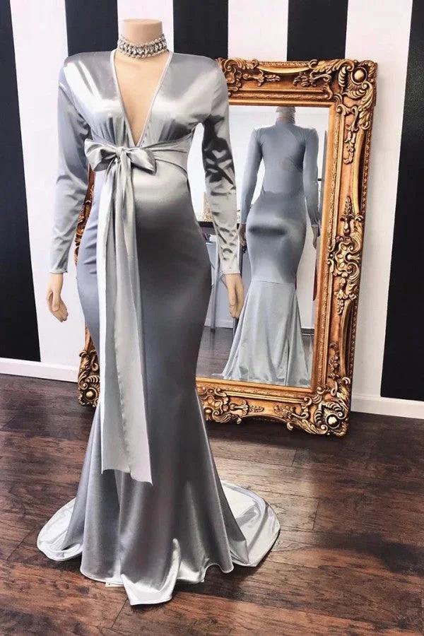 Long Mermaid V-neck Adjustable Pregnant Formal Dresses with Sleeves by BIZTUNNEL