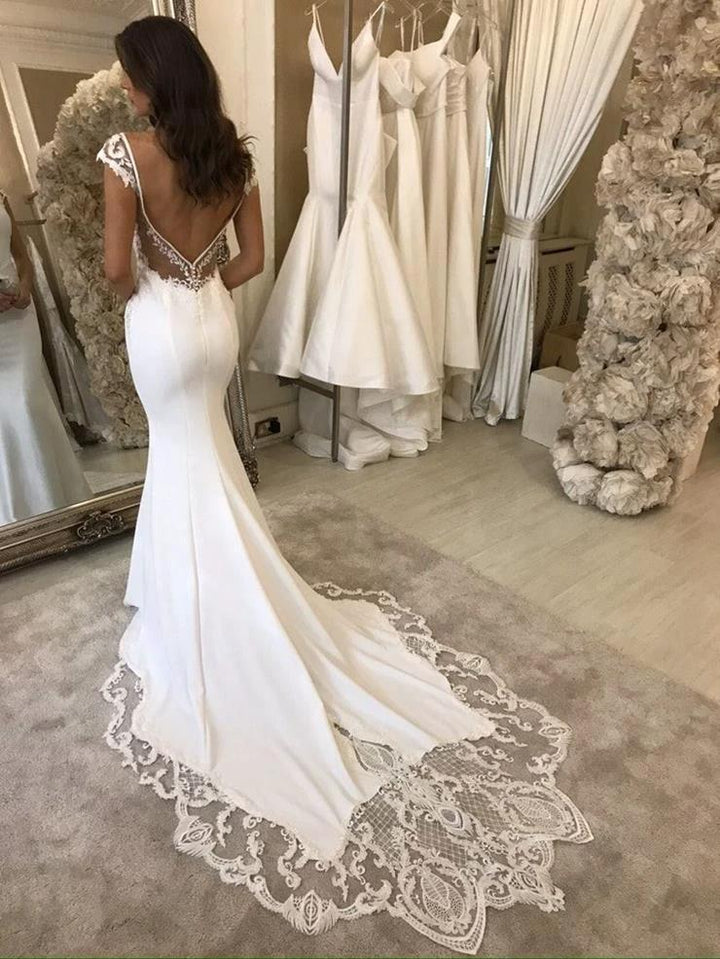 Long Mermaid V-neck Appliques Lace Satin Backless Wedding Dress by BIZTUNNEL