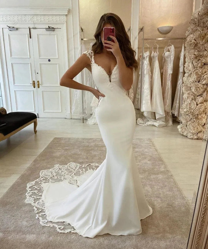 Long Mermaid V-neck Appliques Lace Satin Backless Wedding Dress by BIZTUNNEL