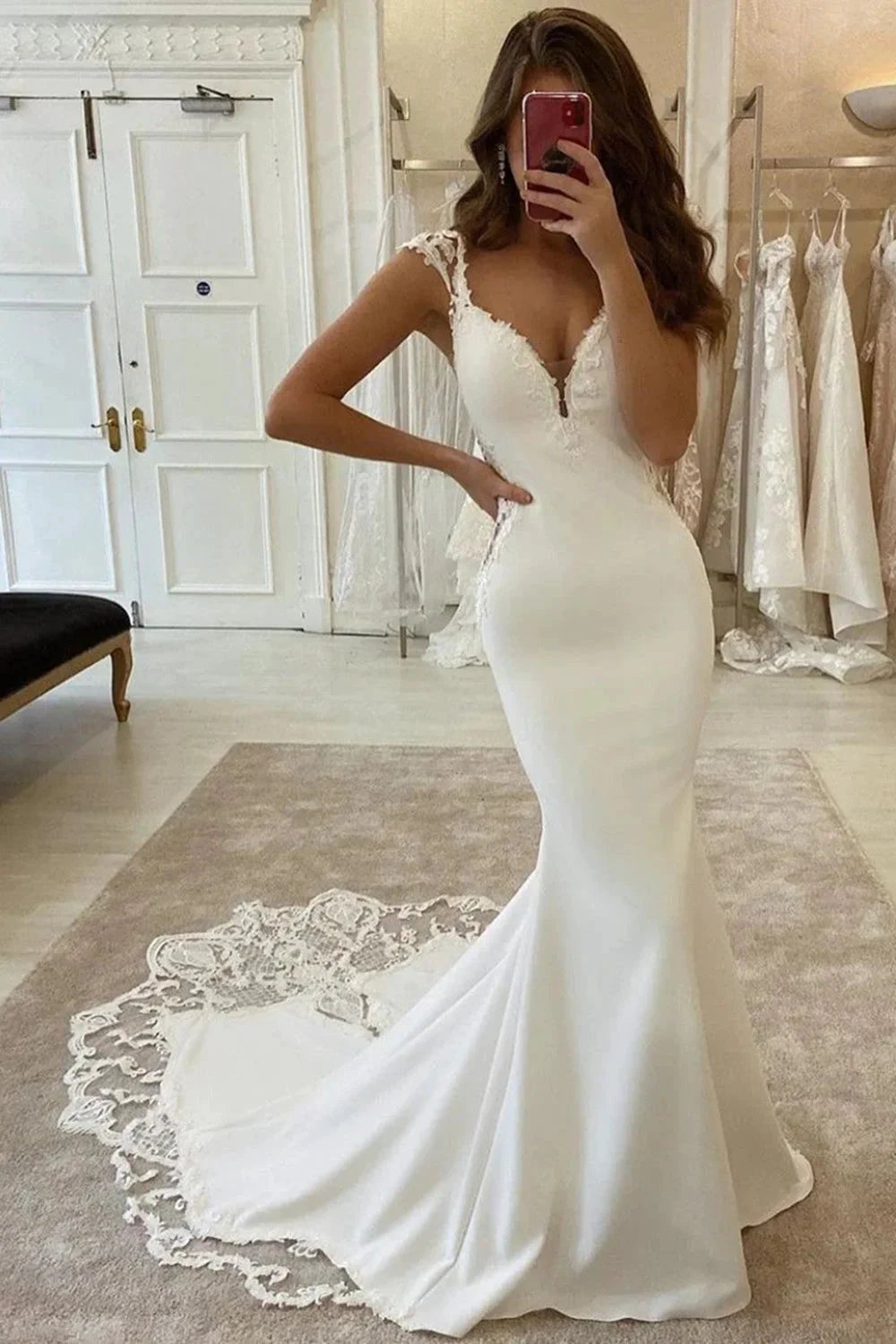 Long Mermaid V-neck Appliques Lace Satin Backless Wedding Dress by BIZTUNNEL
