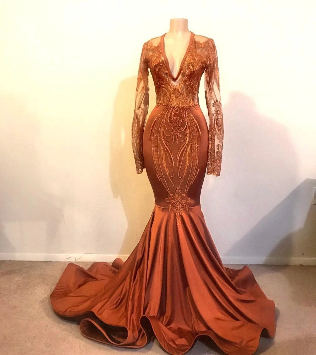 Long Mermaid V-neck Appliques Lace Satin Prom Dress with Sleeves by BIZTUNNEL