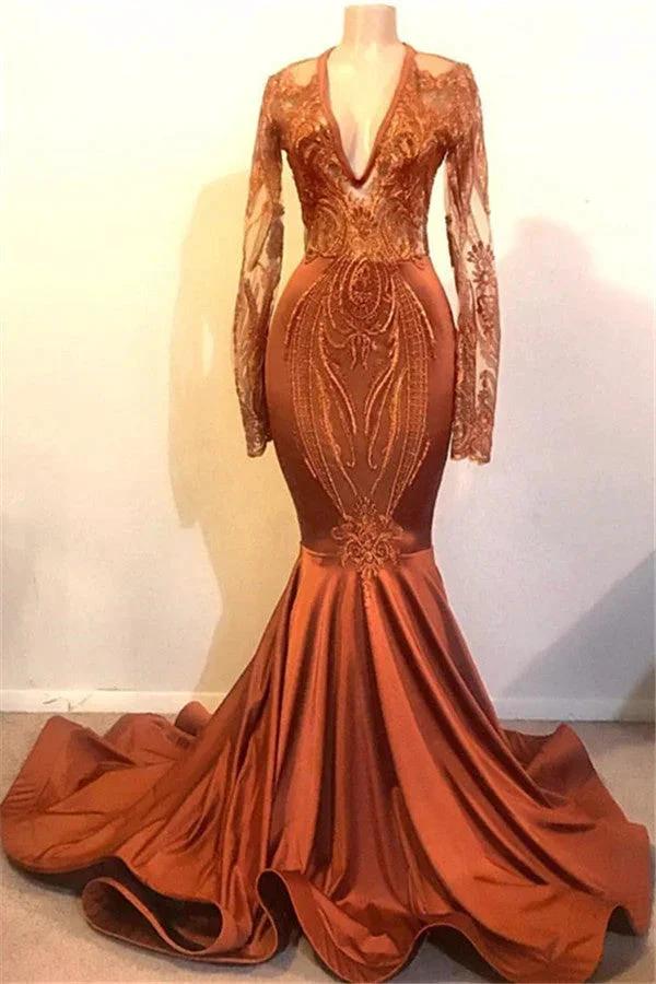 Long Mermaid V-neck Appliques Lace Satin Prom Dress with Sleeves by BIZTUNNEL