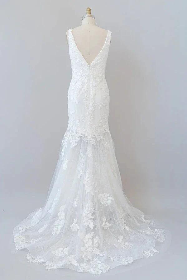 Long Mermaid V-neck Appliques Tulle Lace Wedding Dress by BIZTUNNEL