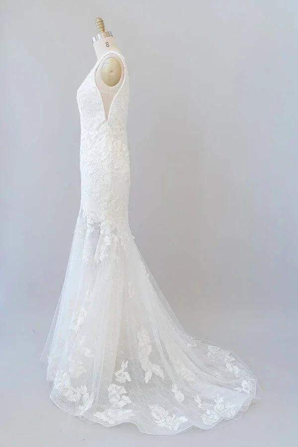 Long Mermaid V-neck Appliques Tulle Lace Wedding Dress by BIZTUNNEL