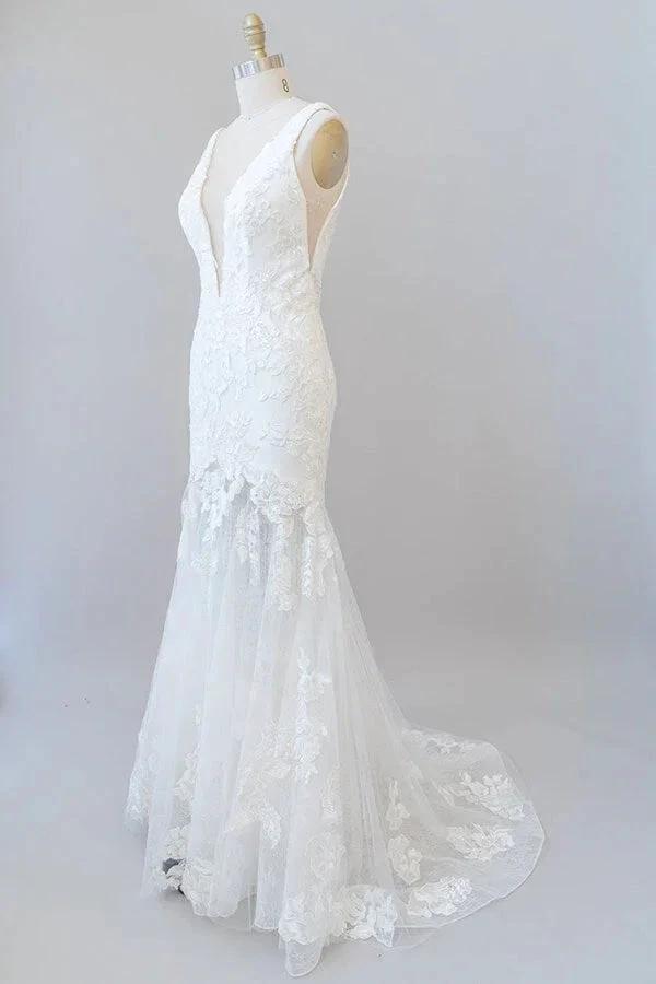 Long Mermaid V-neck Appliques Tulle Lace Wedding Dress by BIZTUNNEL