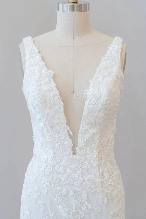 Long Mermaid V-neck Appliques Tulle Lace Wedding Dress by BIZTUNNEL