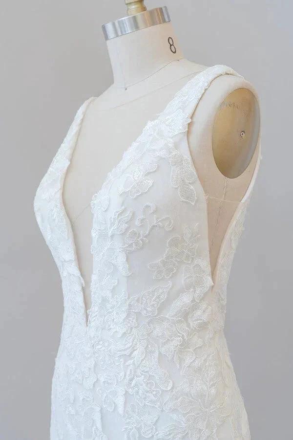 Long Mermaid V-neck Appliques Tulle Lace Wedding Dress by BIZTUNNEL