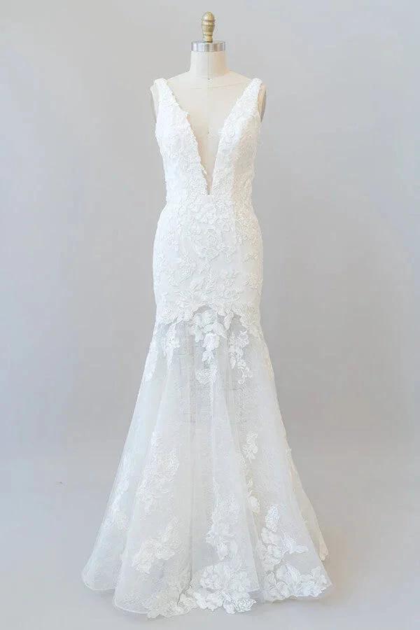 Long Mermaid V-neck Appliques Tulle Lace Wedding Dress by BIZTUNNEL