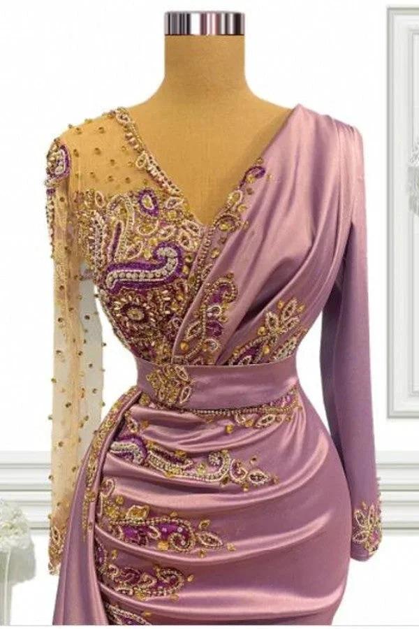 Long Mermaid V-neck Beading Satin Prom Dress with Sleeves by BIZTUNNEL