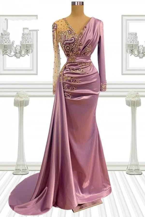 Long Mermaid V-neck Beading Satin Prom Dress with Sleeves by BIZTUNNEL
