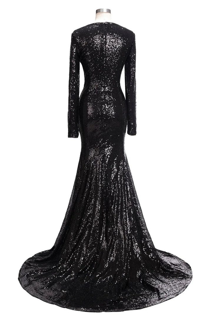 Long Mermaid V-Neck Black Sequins Prom Dresses with Sleeves by BIZTUNNEL