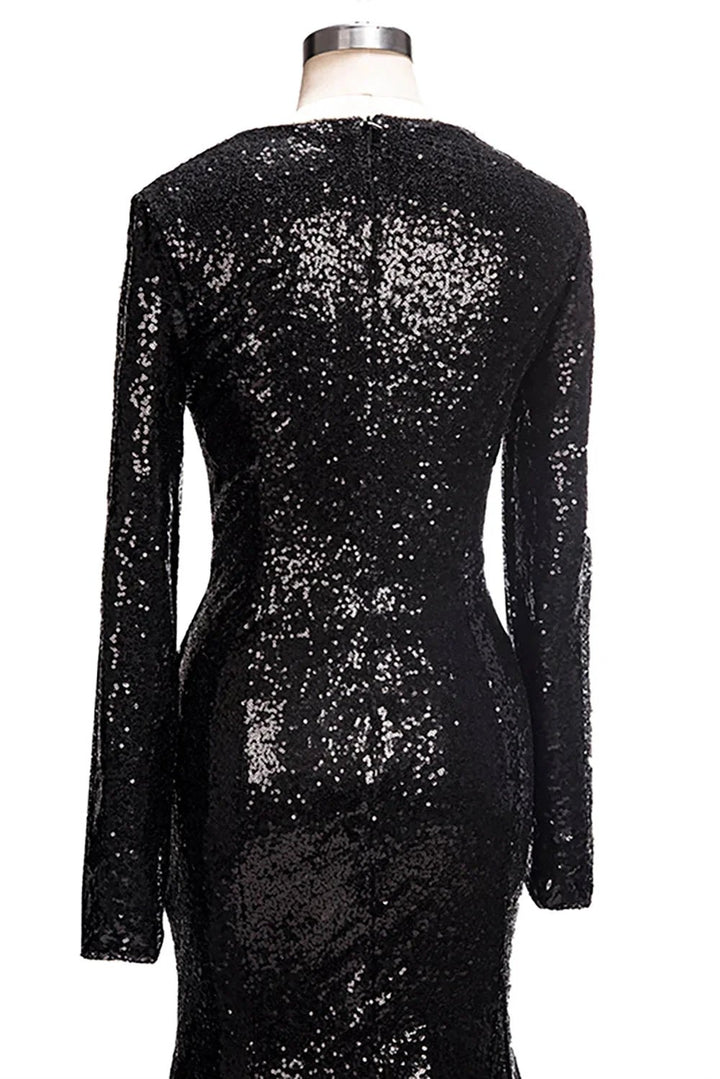 Long Mermaid V-Neck Black Sequins Prom Dresses with Sleeves by BIZTUNNEL