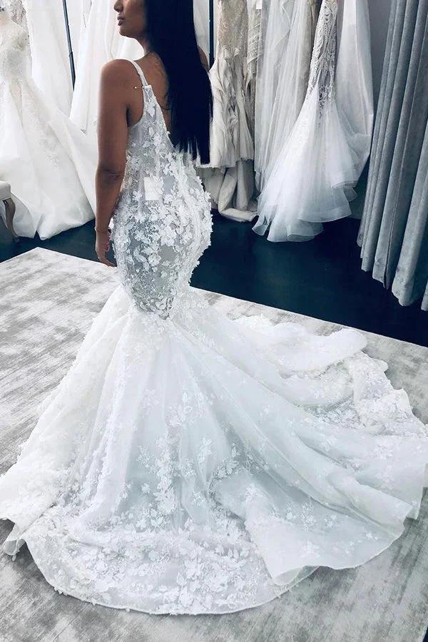 Long Mermaid V-neck Floral Beaings Straps Backless Wedding Dress by BIZTUNNEL