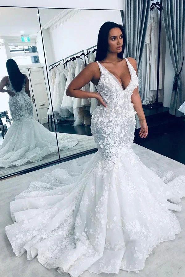 Long Mermaid V-neck Floral Beaings Straps Backless Wedding Dress by BIZTUNNEL