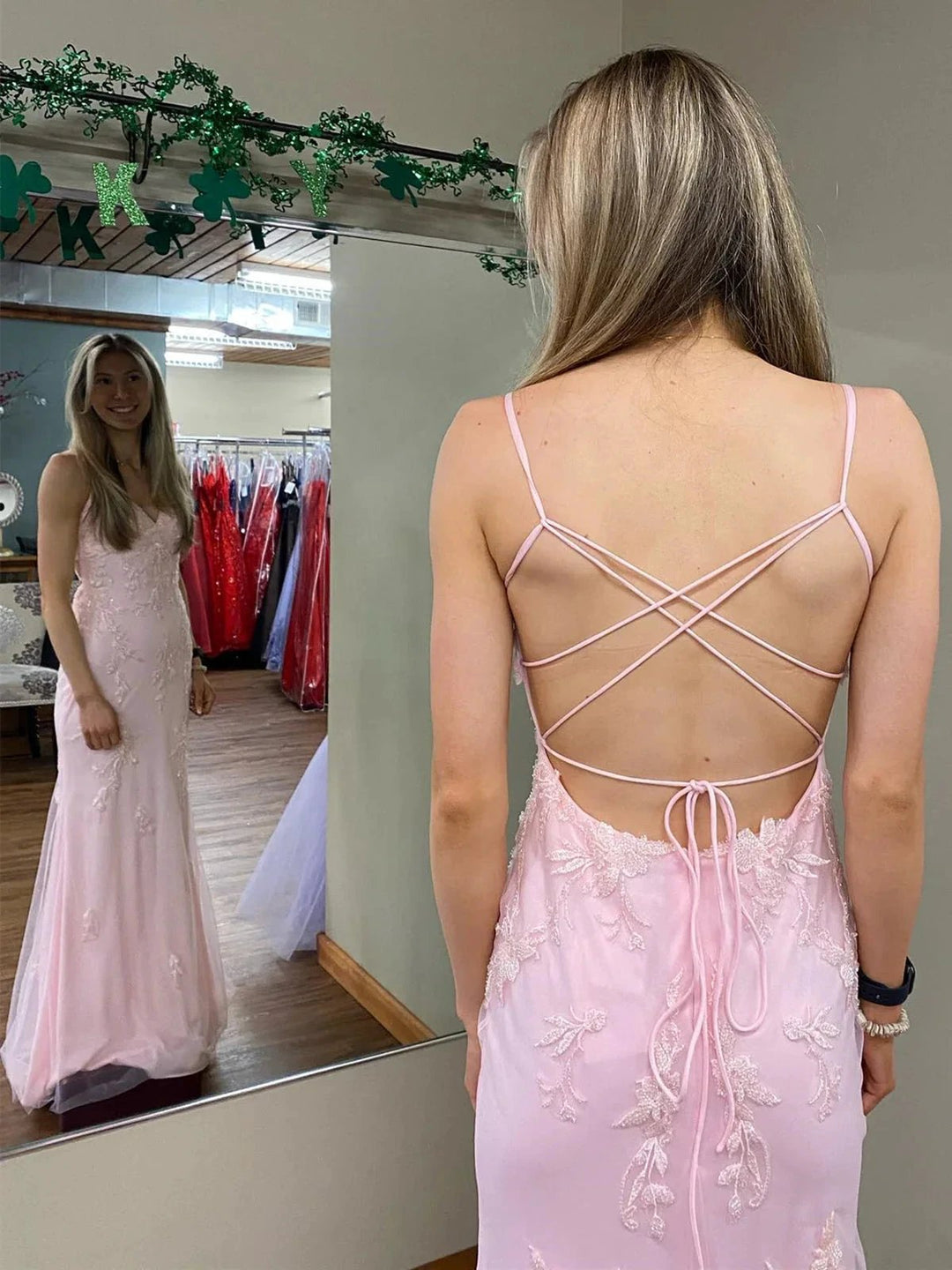 Long Mermaid V-neck Lace Backless Prom Dress Pink Formal Evening Dresses by BIZTUNNEL