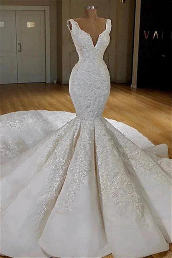 Long Mermaid V-neck Lace Wedding Dress by BIZTUNNEL