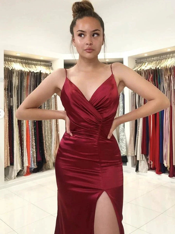 Long Mermaid V-neck Satin Formal Graduation Prom Dresses with Slit by BIZTUNNEL