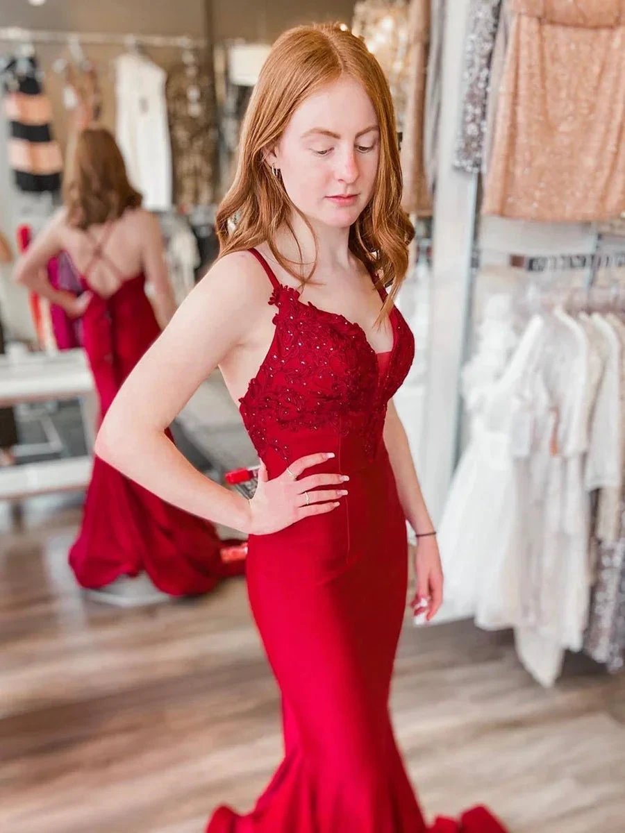 Long Mermaid V Neck Satin Lace Open Back Formal Prom Dresses by BIZTUNNEL