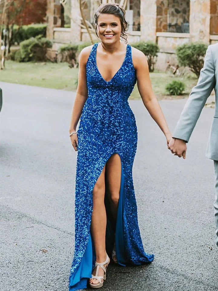 Long Mermaid V-neck Sequined Backless Prom Dress with Slit Blue Formal Evening Gowns by BIZTUNNEL