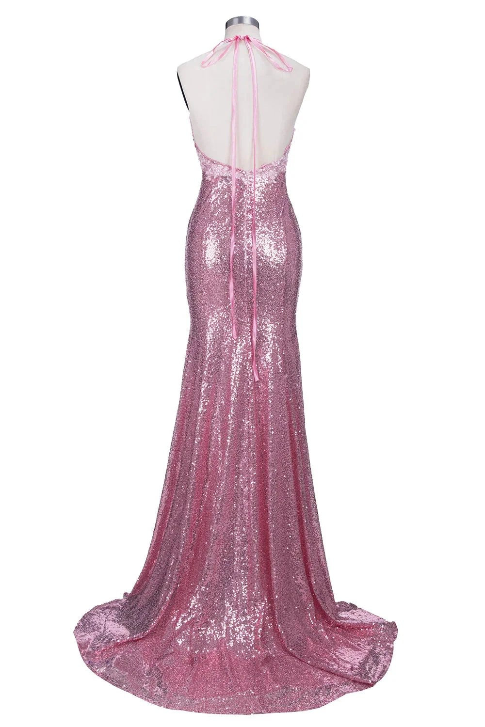 Long Mermaid V-neck Spaghetti Straps Pink Sequined Backless Prom Dress by BIZTUNNEL