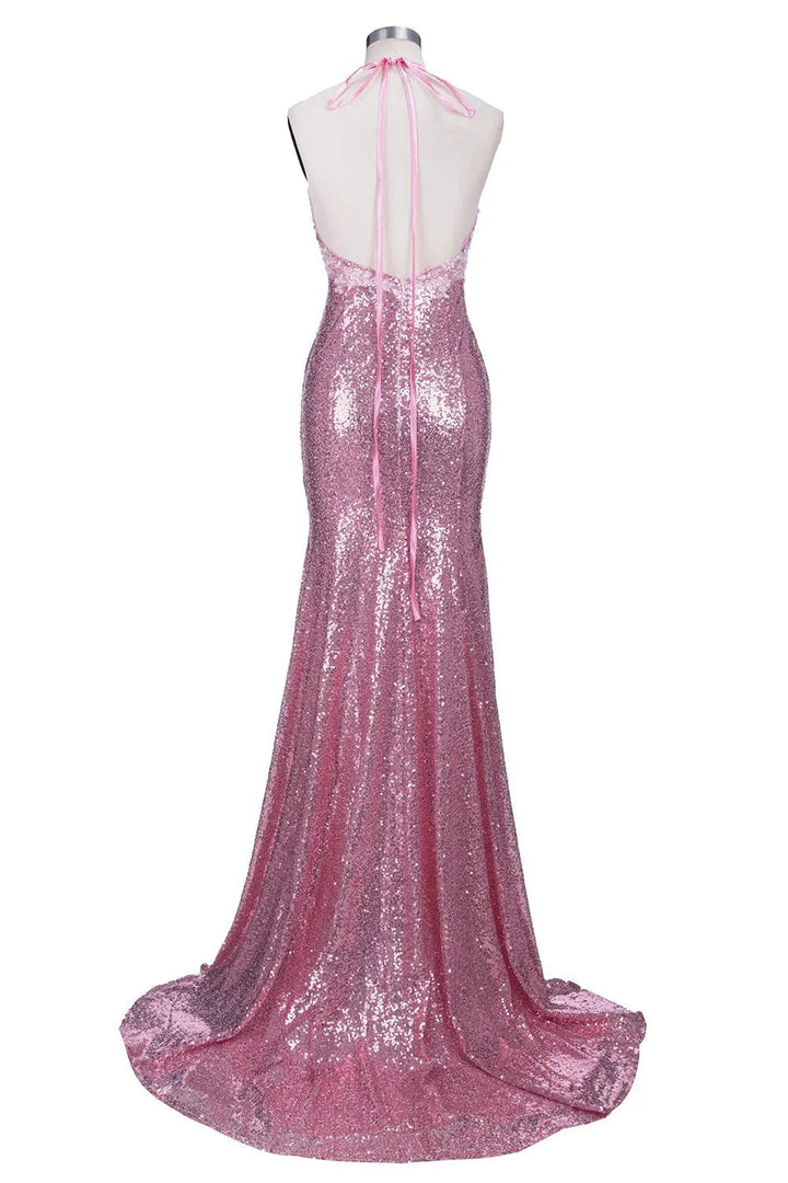 Long Mermaid V-neck Spaghetti Straps Pink Sequined Backless Prom Dress by BIZTUNNEL