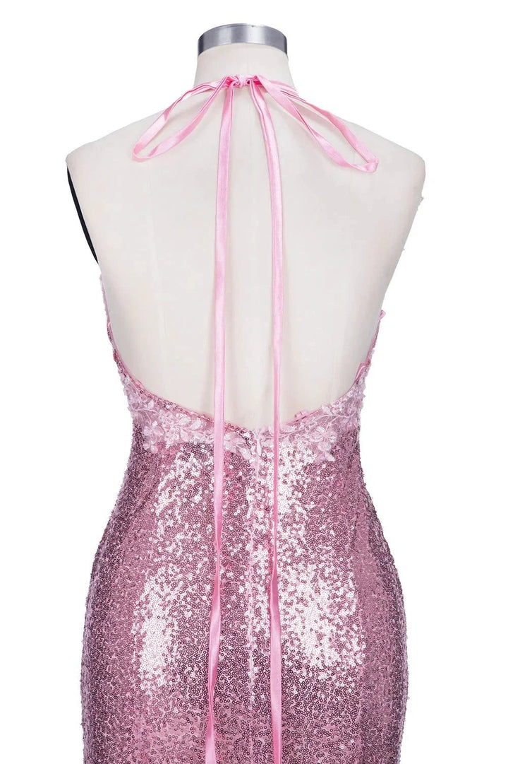 Long Mermaid V-neck Spaghetti Straps Pink Sequined Backless Prom Dress by BIZTUNNEL