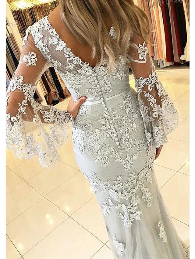 Long Mermaid V Neck Sweep Brush Train Lace Tulle Prom Dress with Sleeves by BIZTUNNEL
