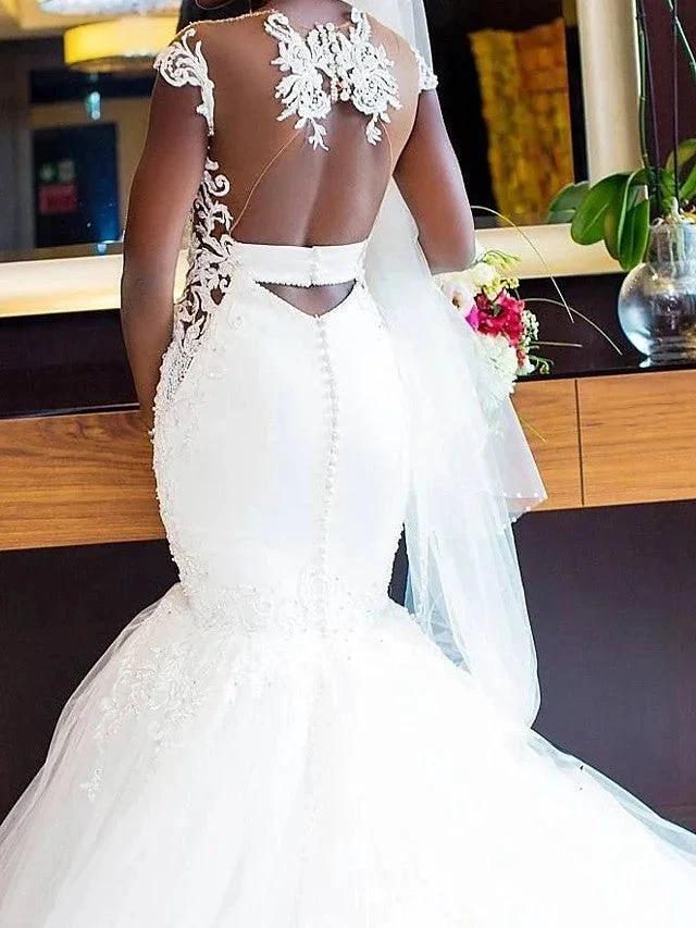 Long Mermaid V Neck Tulle Lace Chapel Train Backless Wedding Dresses by BIZTUNNEL