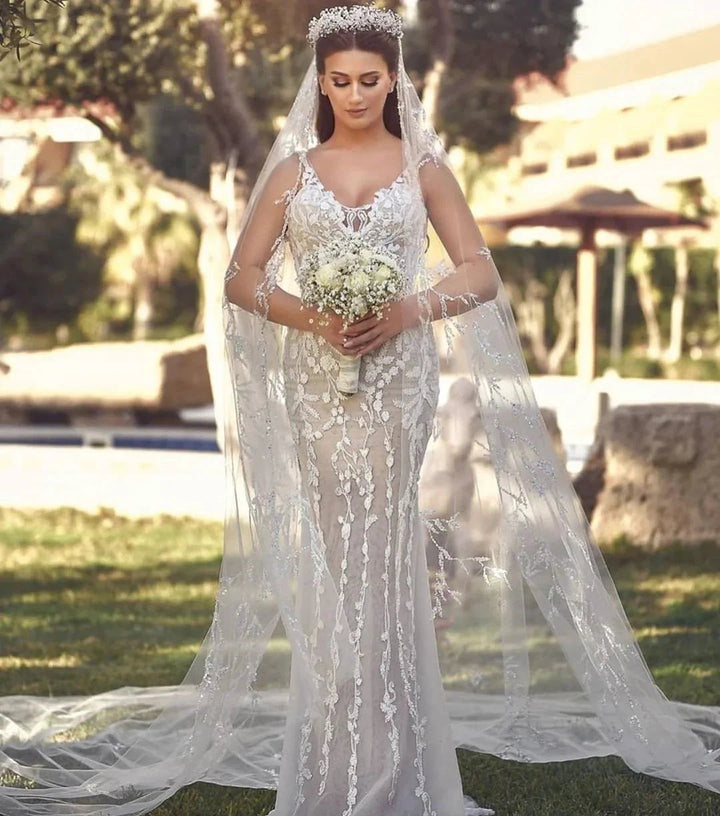 Long Mermaid V-neck Tulle Lace Wedding Dress with Detachable Train by BIZTUNNEL