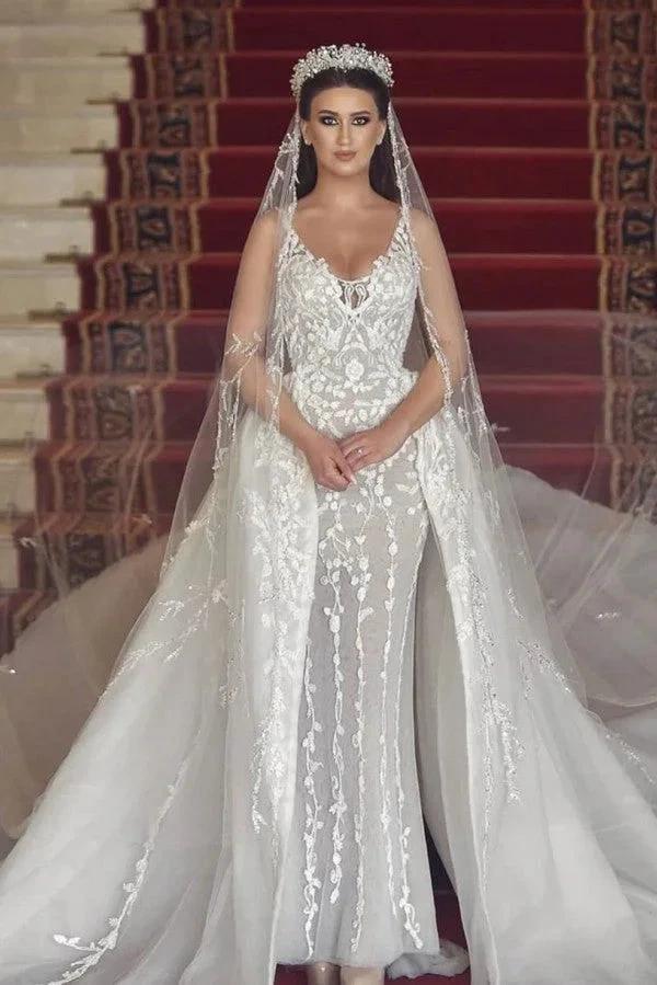 Long Mermaid V-neck Tulle Lace Wedding Dress with Detachable Train by BIZTUNNEL