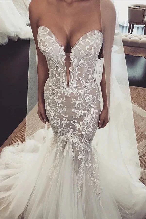 Long Mermaid V-neck Tulle Lace Wedding Dresses by BIZTUNNEL