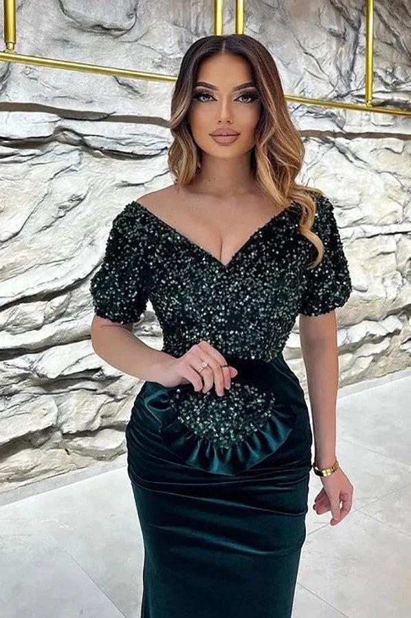 Long Mermaid V-neck Velvet Glitter Prom Dress with Sleeves by BIZTUNNEL