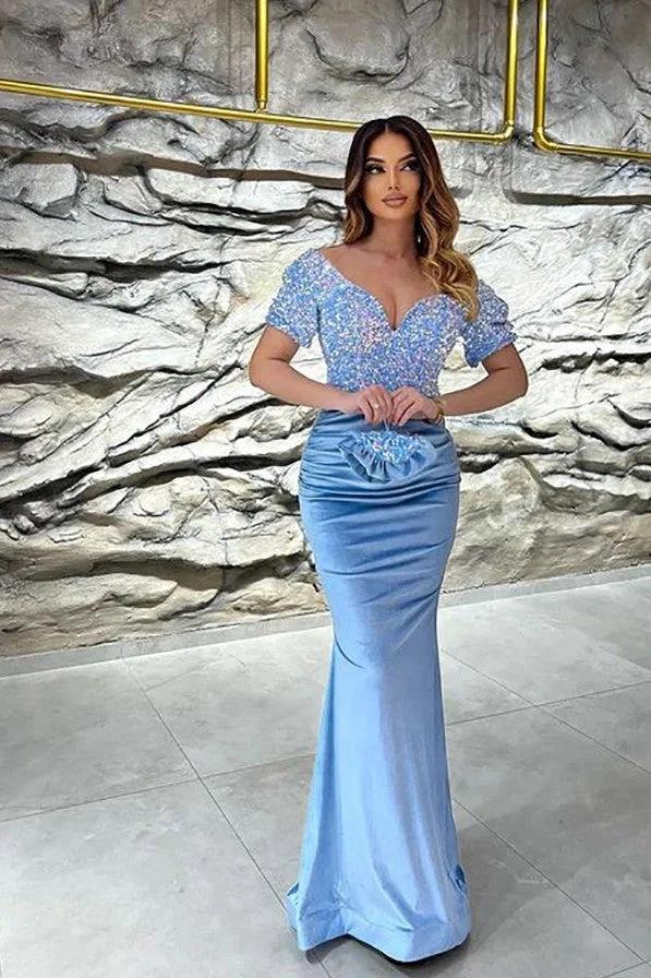 Long Mermaid V-neck Velvet Glitter Prom Dress with Sleeves by BIZTUNNEL