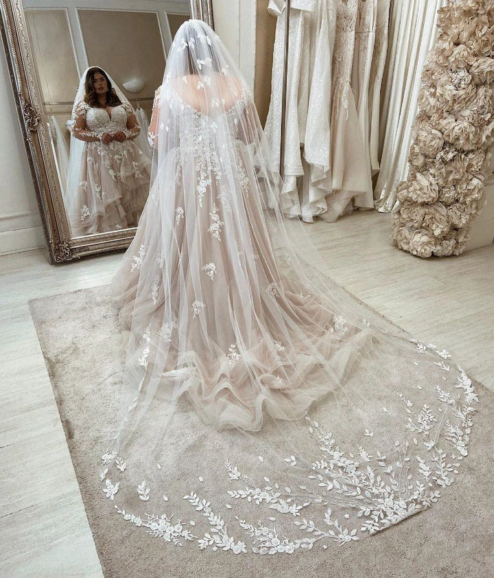 Long Plus Size A-Line Sweetheart Tulle Wedding Dresses with Lace Sleeves by BIZTUNNEL