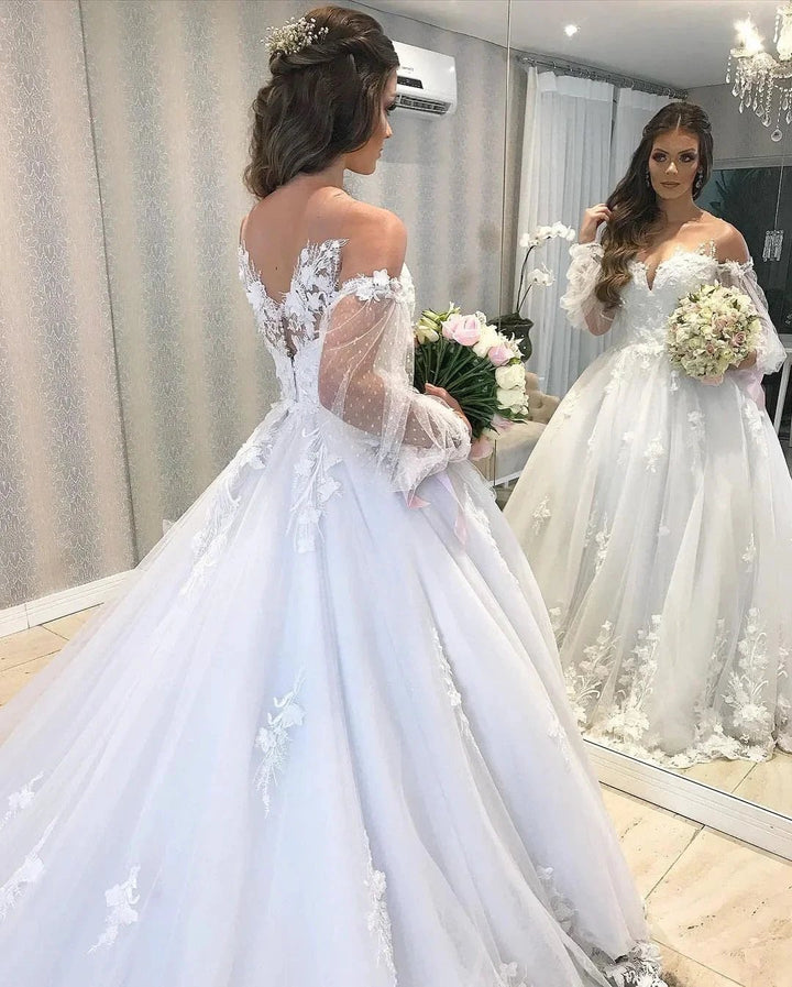 Long Princess Off-the-shoulder Tulle Wedding Dress with Bubble Sleeves by BIZTUNNEL