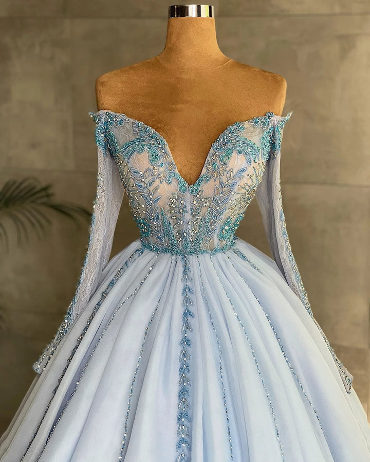 Long Princess Sweetheart Tulle Formal Prom Dress with Sleeves by BIZTUNNEL