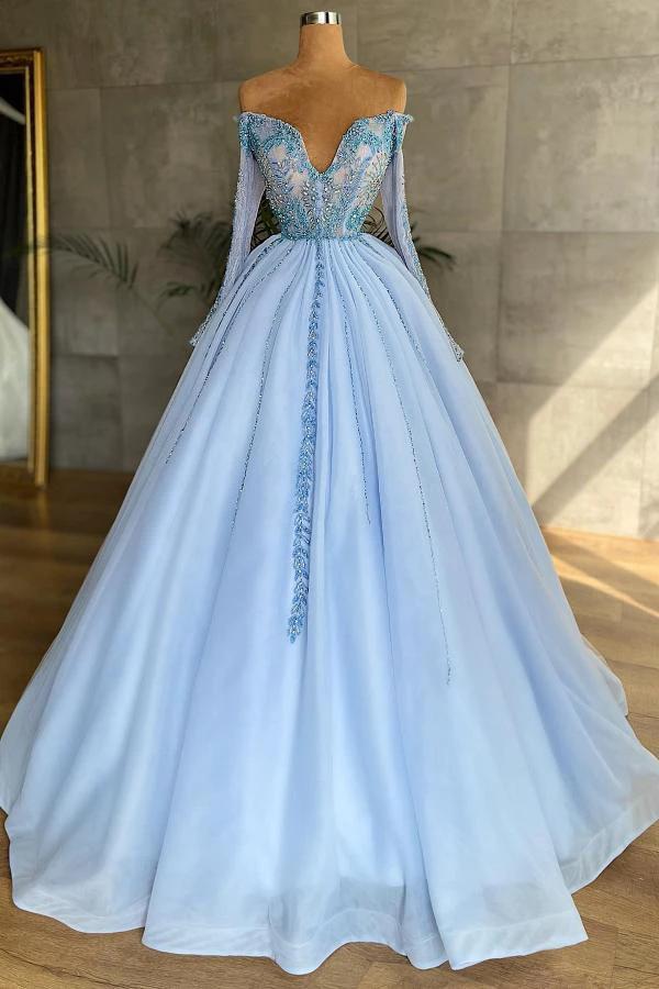 Long Princess Sweetheart Tulle Formal Prom Dress with Sleeves by BIZTUNNEL