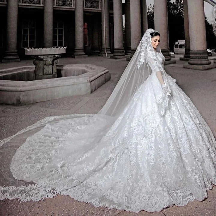 Long Princess Tulle Beads Appliques Lace Wedding Dress with Sleeves by BIZTUNNEL