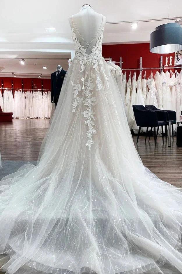 Long Princess Tulle V Neck Sequins Lace Appliques Wedding Dress by BIZTUNNEL