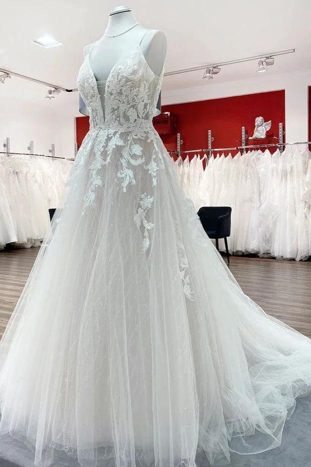 Long Princess Tulle V Neck Sequins Lace Appliques Wedding Dress by BIZTUNNEL
