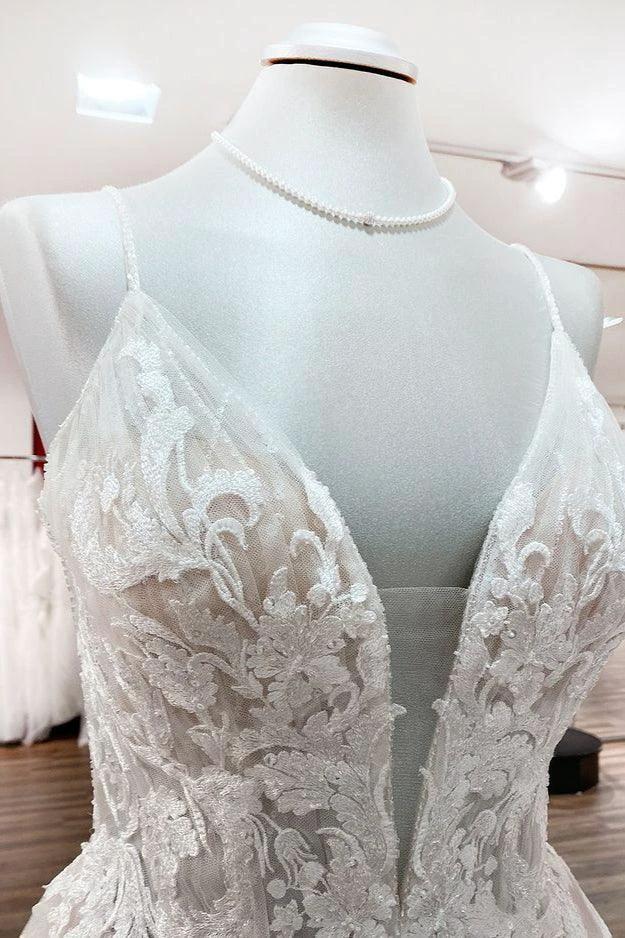 Long Princess Tulle V Neck Sequins Lace Appliques Wedding Dress by BIZTUNNEL