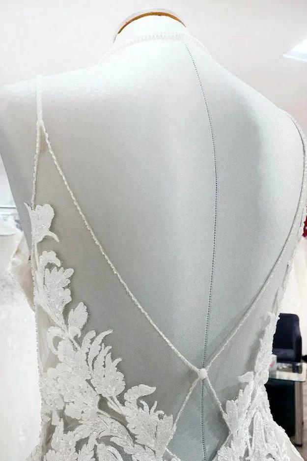 Long Princess Tulle V Neck Sequins Lace Appliques Wedding Dress by BIZTUNNEL