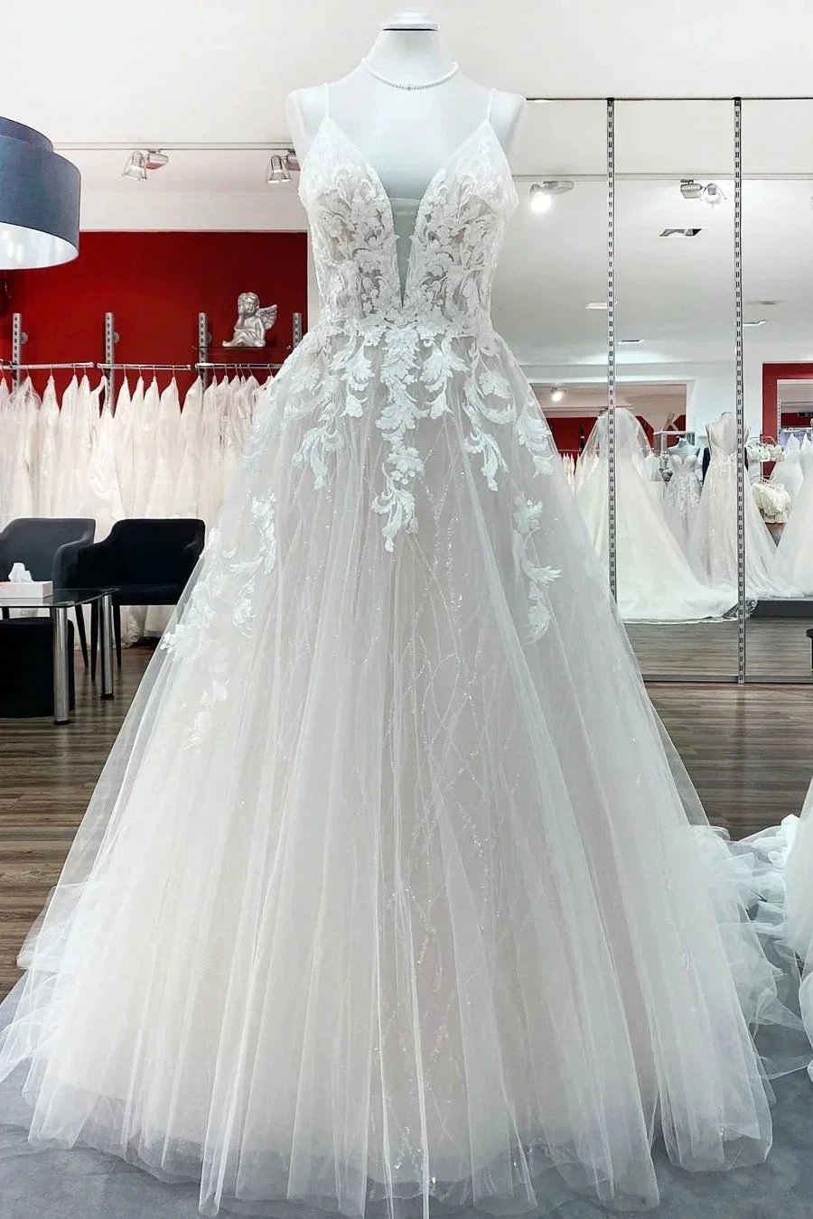 Long Princess Tulle V Neck Sequins Lace Appliques Wedding Dress by BIZTUNNEL