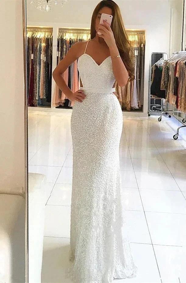 Long Sheath Sweetheart Beading White Prom Dress by BIZTUNNEL