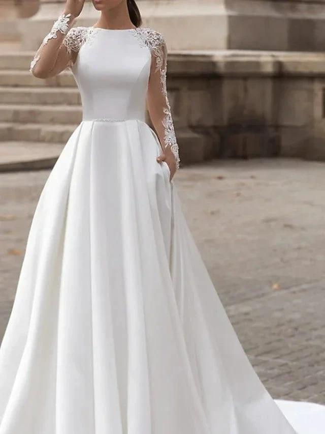 Long Sleeve A-Line Jewel Neck Sweep Brush Train Lace Satin Wedding Dresses with Pockets by BIZTUNNEL
