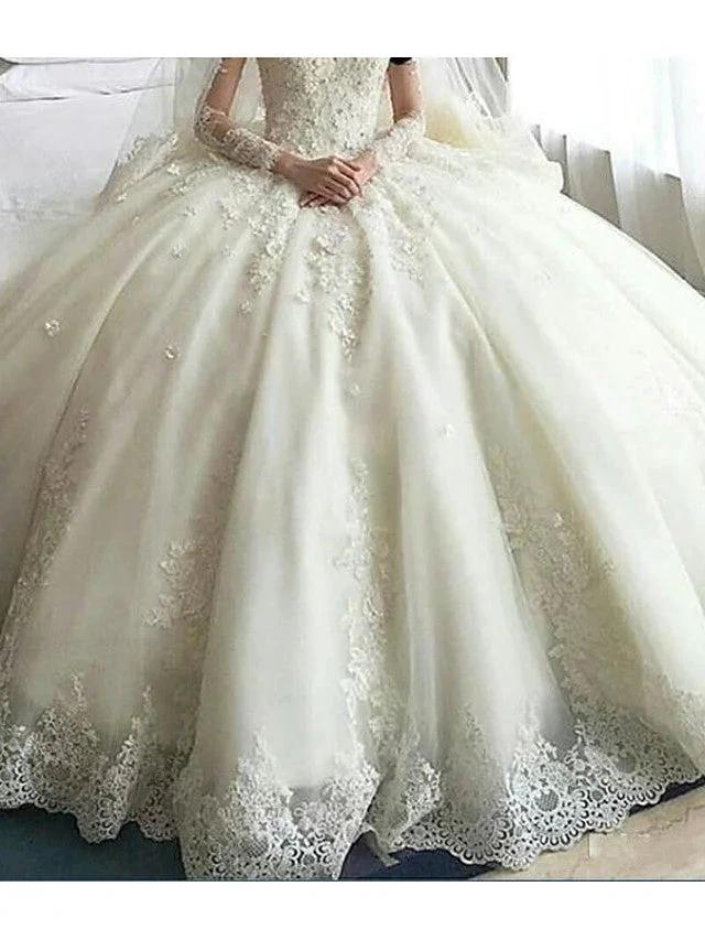 Long Sleeve A-Line Scoop Neck Court Train Organza Wedding Dresses by BIZTUNNEL